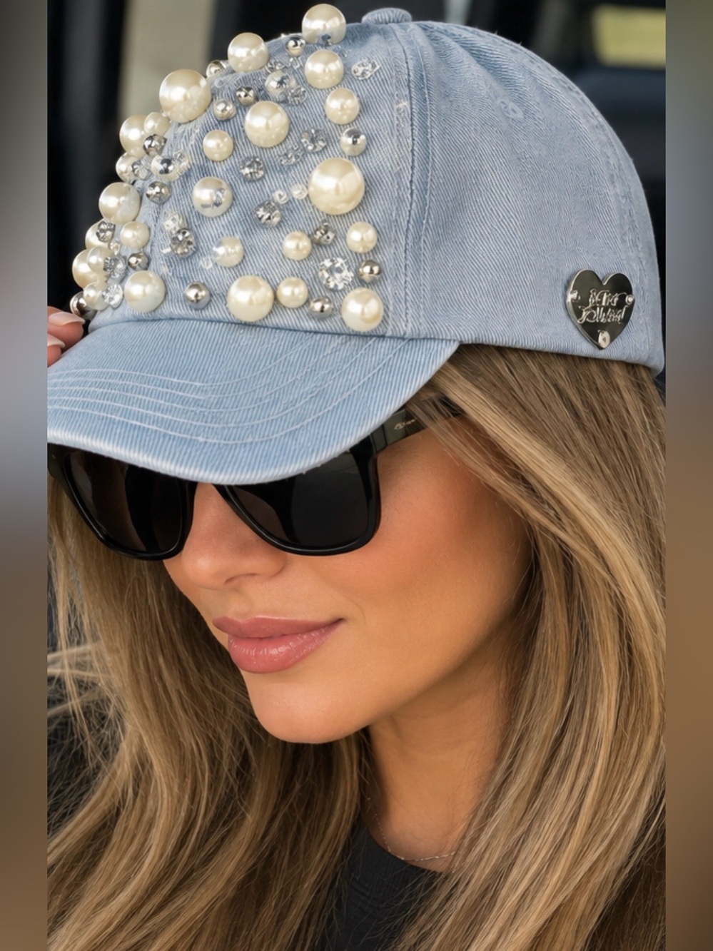 Betsey Johnson Light Blue Pearl & Crystal Embellished Baseball Cap like new